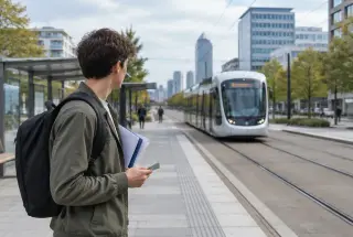 Étudiant avec sac à dos et documents sur un quai de tramway à Lyon, tours de bureaux en arrière-plan