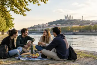 Quatre étudiants pique-niquent sur les quais à Lyon, la colline et la basilique de Fourvière en arrière-plan