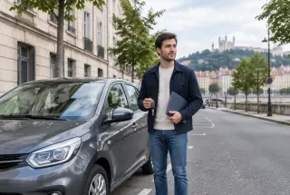 Jeune conducteur tenant ses clés et un dossier d’assurance près d’une citadine garée dans une rue de Lyon.